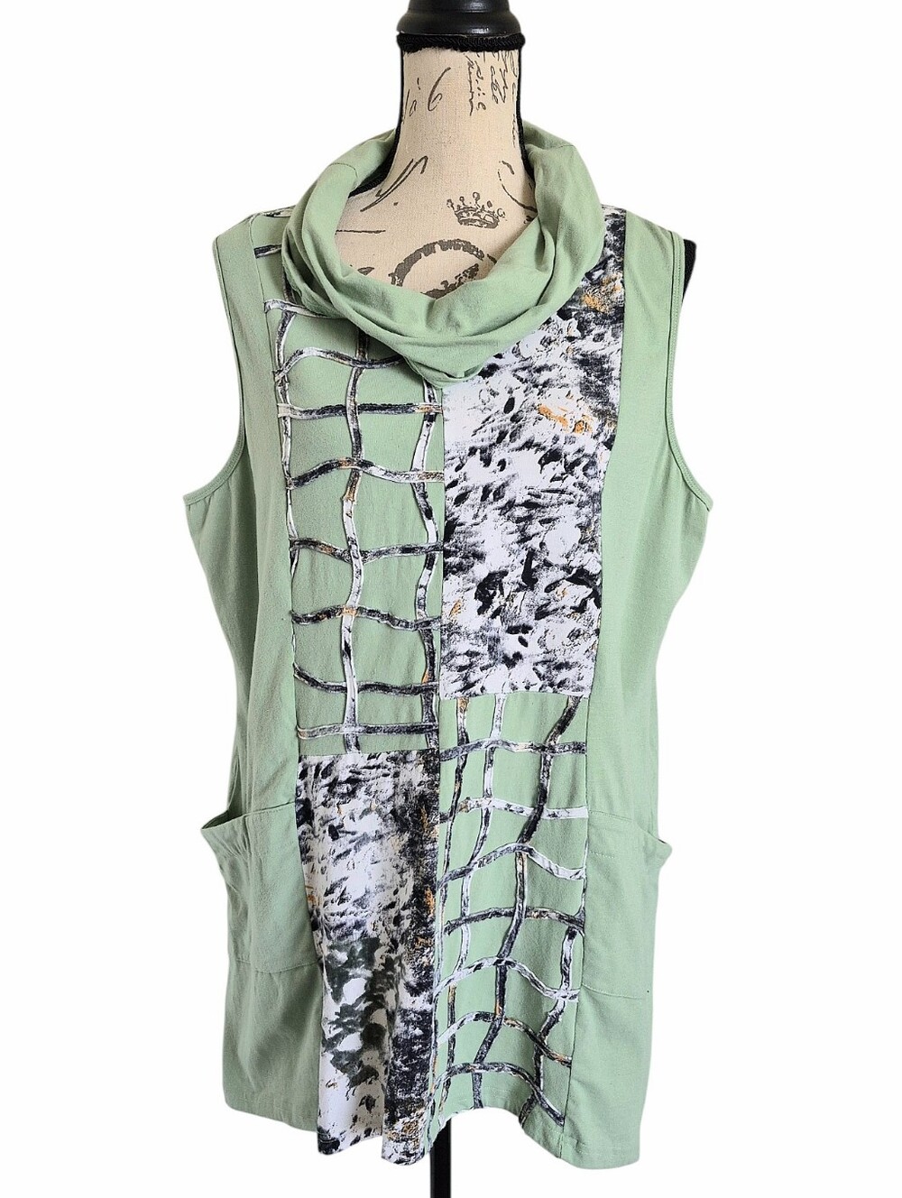 Parsley & Sage Cowl Neck Patchwork Green Tunic Top Art To Wear XL Boho pockets